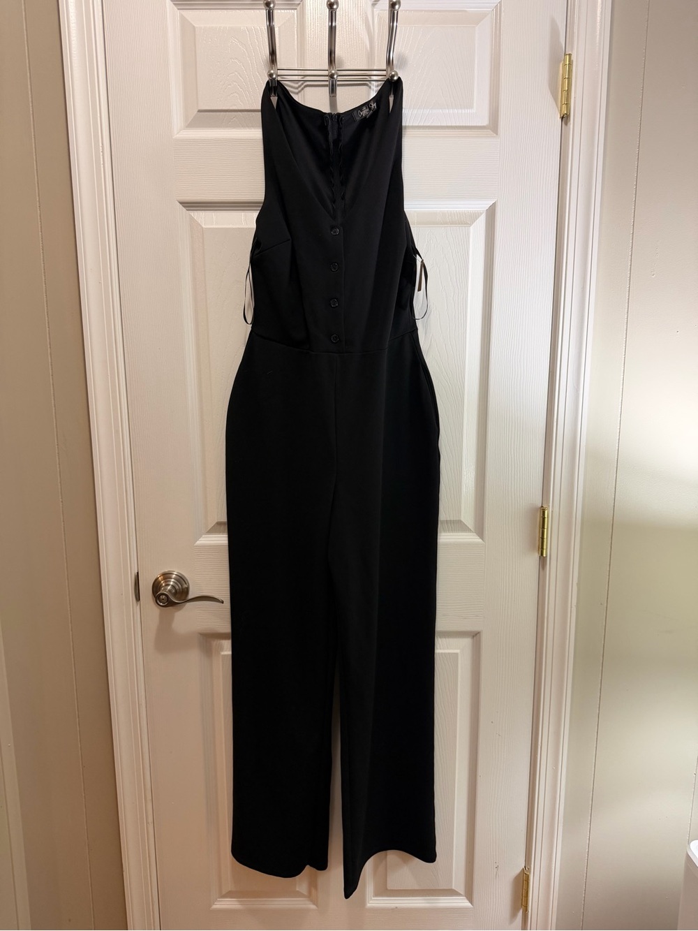 Crystal Sky Black Sleeveless V-Neck Button-Front Wide-Leg Jumpsuit
